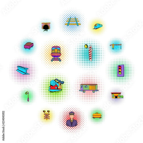 Railroad icons set in comics style on a white background  