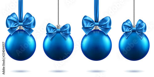 2019 christmas or new year realistic toys with bows hanging on chains. Merry christmas fir tree decorations, blue baubles with bow-knots, blue spheres for xmas holidays. Celebration theme