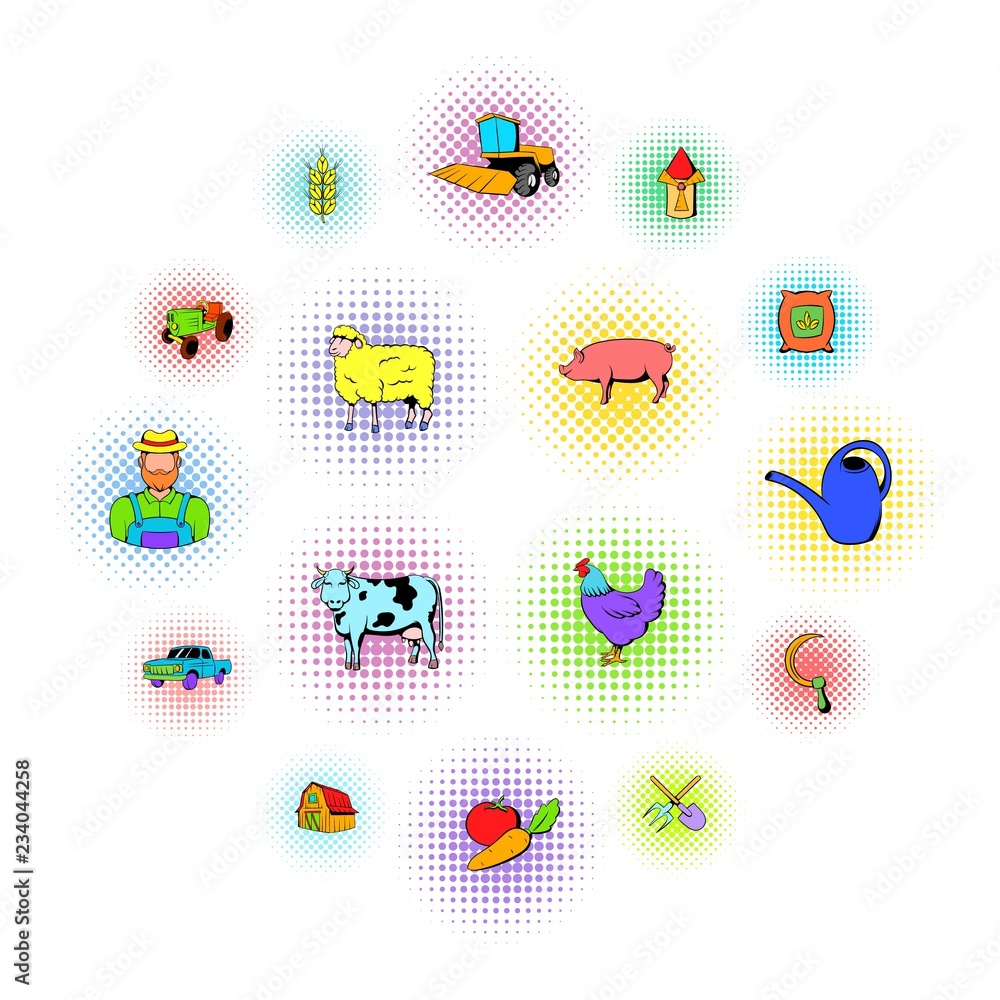 Agriculture icons set in comics style isolated on white background