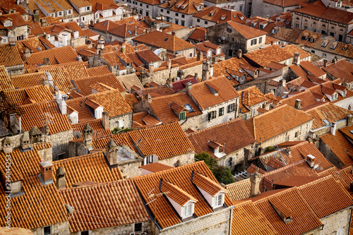Detail of the orange roofs of Dubrovnik shined by sunslight, Croatia