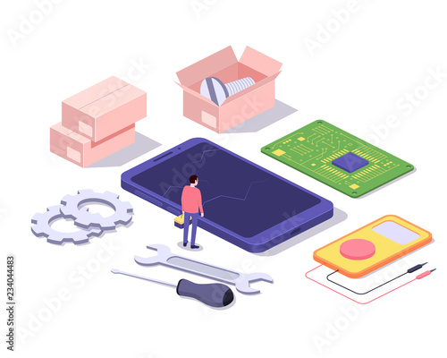 Mobile repair and service concept. Smartphone with repairman and spare parts. Isometric composition. Illustration for web sites and print. Vector illustration