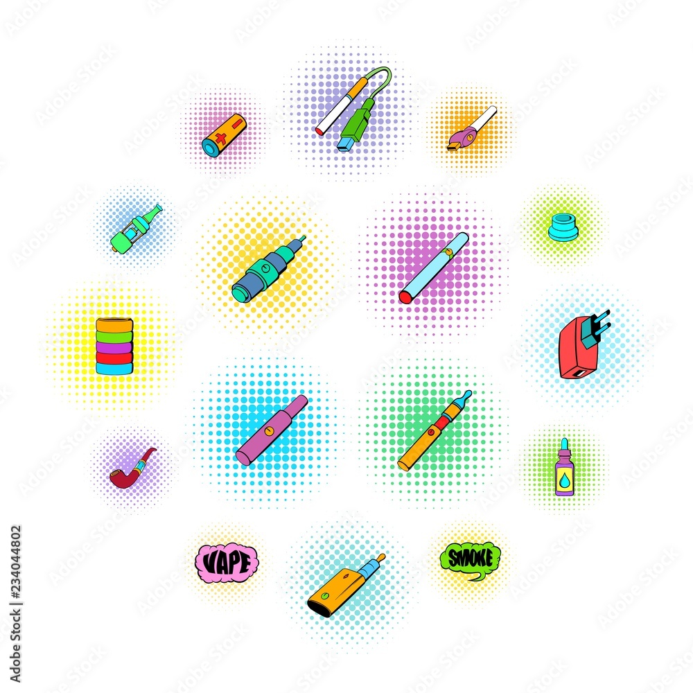 E-cigarettes icons set in comics style isolated on white E-cigarettes icons set in comics style isolated on white