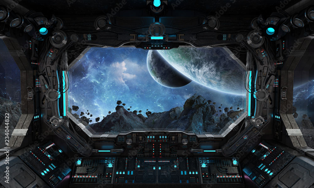 Fototapeta premium Spaceship grunge interior with view on exoplanet