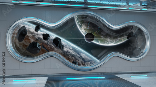 Fototapeta Naklejka Na Ścianę i Meble -  White spaceship interior with large window view 3D rendering