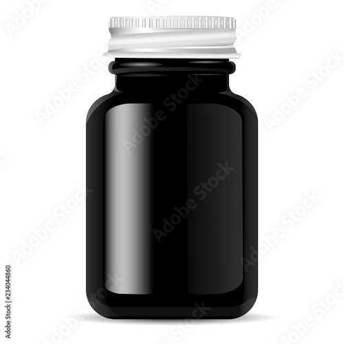 Aluminium lid Pharmacy bottle for medical products, pills, drugs, ointment and cream. Black glass cosmetic or sports bottle mockup for bcaa and other supplements. Vector illustration.