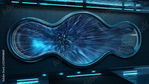 Fototapeta Naklejka Na Ścianę i Meble -  Black tech spaceship round window interior background 3D rendering