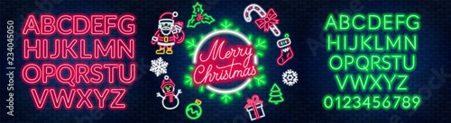Neon signs of merry christmas, santa claus, snowman, gift, mistletoe, sweet cane, sock and others. Two alphabets on a dark background.