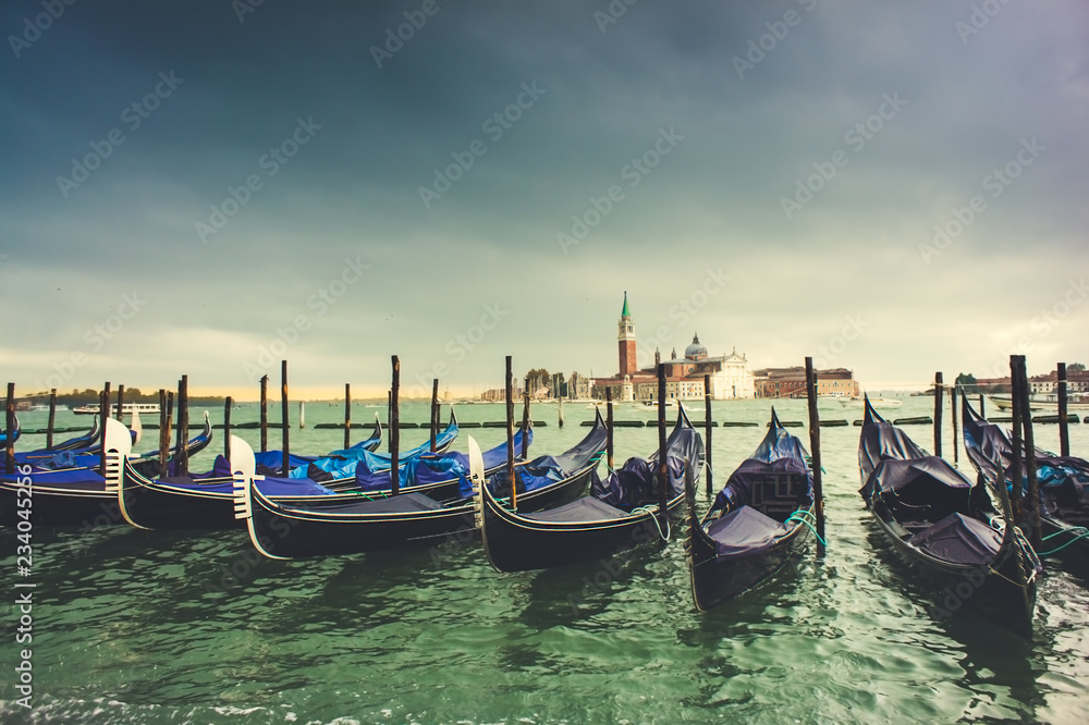 View from San Marco square to gondolas and San Giorgio Maggiore island