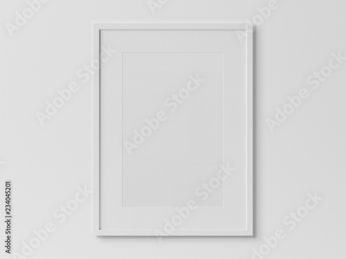 White rectangular vertical frame hanging on a white wall mockup 3D rendering photo