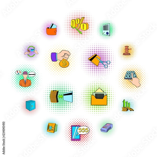 Bank icons set in pop-art style on a white background