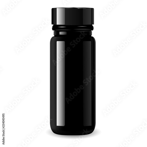 Black glass cosmetic bottle mockup with black glossy lid. Pharmacy package for medical products. High quality eps10 vector illustration.