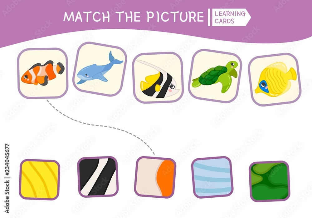 Matching children educational game. Match parts of sea animals and textures. Activity for pre shool years kids and toddlers.