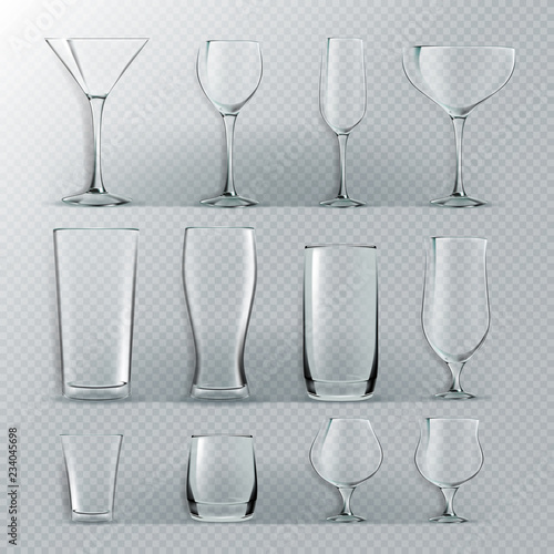 Transparent Glass Set Vector. Transparent Empty Glasses Goblets For Water, Alcohol, Juice, Cocktail Drink. Realistic Bright Illustration