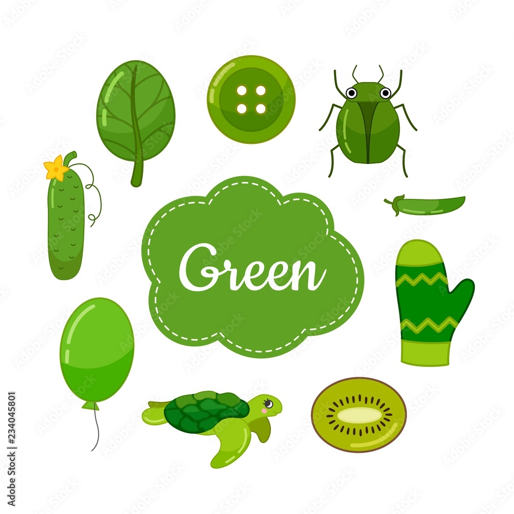 Learn the primary colors. Green. Different objects in green color ...