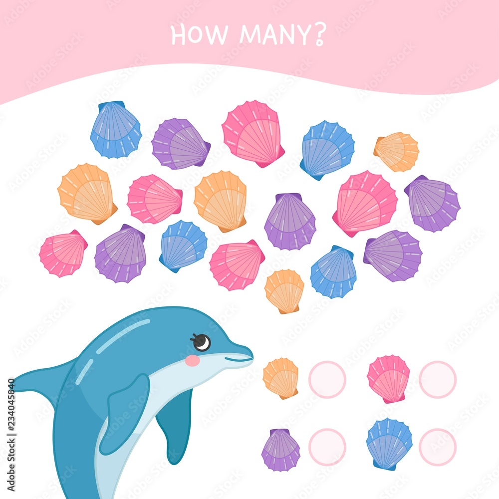 Counting educational children game, math kids activity sheet. How many objects task. Cartoon sea animals.