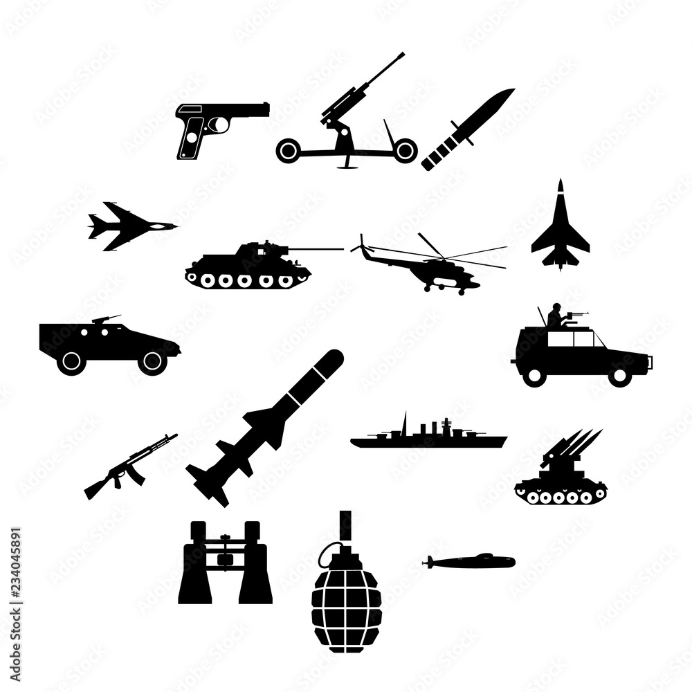 16 weapon simple black icons set isolated on a white 16 weapon simple black icons set isolated on a white