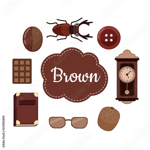 Learn the primary colors. Brown. Different objects in brown color. Educational material for children and toddlers.