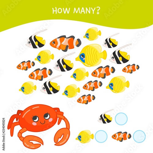 Counting educational children game  math kids activity sheet. How many objects task. Cartoon sea animals.