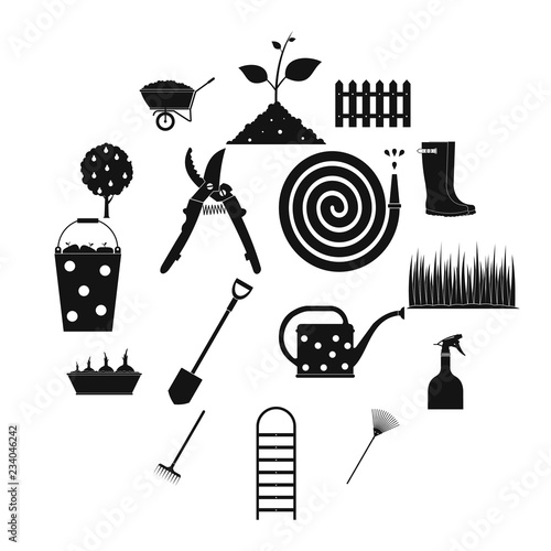16 garden plain icons set. Black symbols on a white background