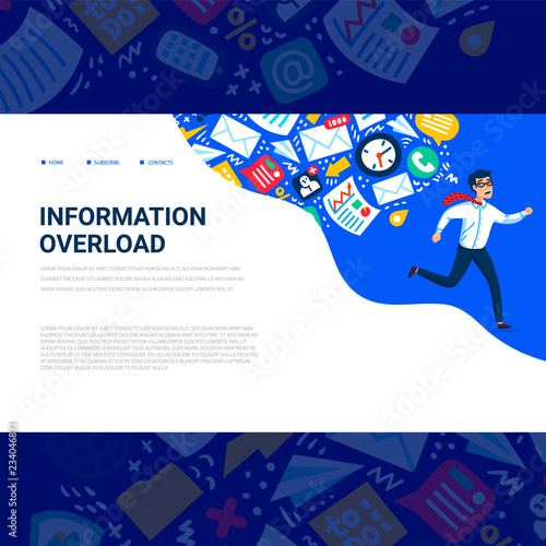 Information overload concept. Horizontal template with Young man running away from information stream pursuing him. Usable for web banner, articles, infographics. Colorful vector flat illustration.