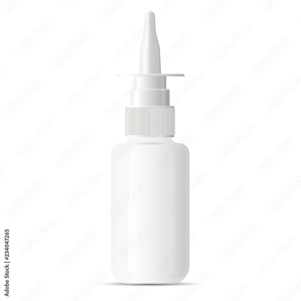 Nasal decongestant spray medical bottle. Plastic container mockup with ...