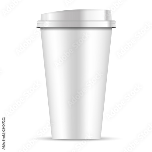White paper coffee Cup with white lid isolated on white background. 3d realistic Coffee Cup Mockup. EPS10 Vector Template design illustration.