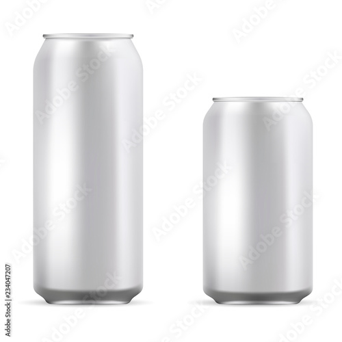 Aluminum cans set mockup illustration. Realistic metallic can for beer, soda, lemonade, juice, energy drink. EPS10 Vector template for your design.