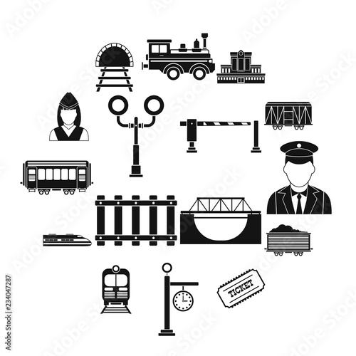 Railroad black simple icons set isolated on white background