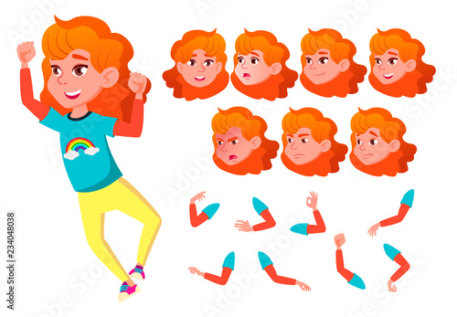 Girl, Child, Kid, Teen Vector. Smile. Cute. Happiness Enjoyment. Face Emotions, Various Gestures. Red Head. Animation Creation Set. Isolated Flat Cartoon Character Illustration