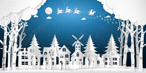 Paper art, cut and digital craft style of anta Claus on Sleigh and Reindeer with Children party and enjoy in the merry christmas night as holiday and x'mas day concept. vector illustration.