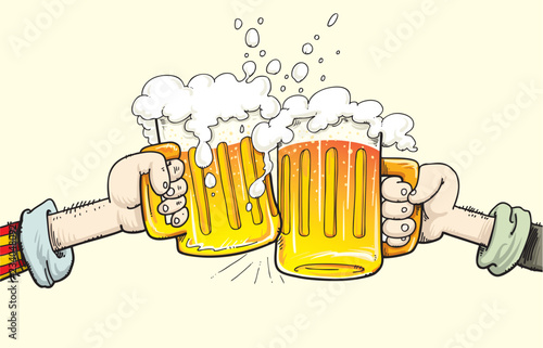 Male hands holding and clinking with two glasses beer. Invitation to party