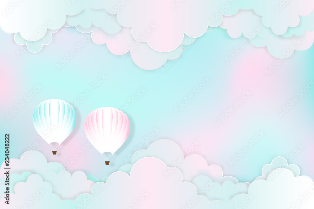 Hot air balloons on the pastel sky background as design paper art and craft style concept. vector illustration