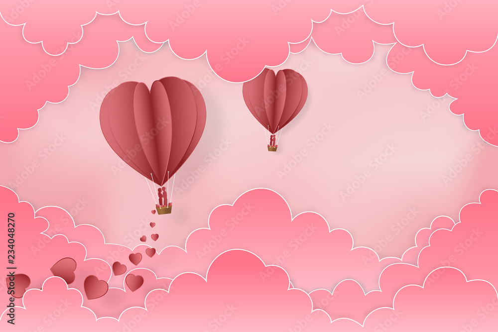 Paper art , cut and digital craft style of the lover in hot air balloons on pink sky and clouds background as love , wedding and valentine day concept. vector illustration