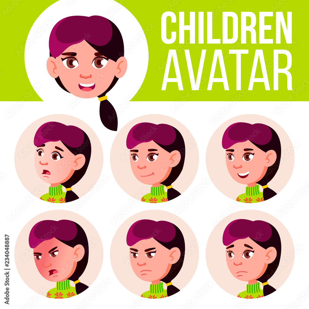 Girl Avatar Set Kid Vector. High School. Face Emotions. Children. Beautiful, Funny. Cartoon Head Illustration Girl Avatar Set Kid Vector. High School. Face Emotions. Children. Beautiful, Funny. Cartoon Head Illustration