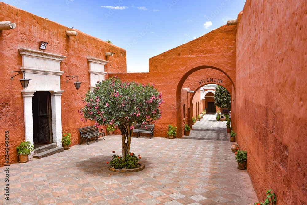 Arequipa, Peru - October 7, 2018: Interior courtyards of the Monastery of Santa Catalina de Siena, a UNESCO world heritage site