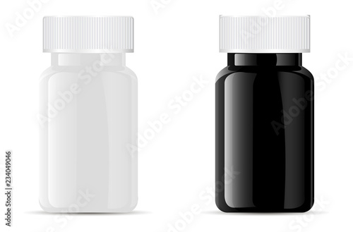Pills bottle. Black and white medical glass or glossy plastic container for drugs, diet, nutritional supplements. Vector illustration isolated on white background.