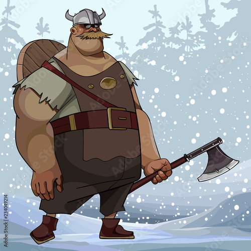 cartoon burly man in viking clothes with an ax in a snowy forest