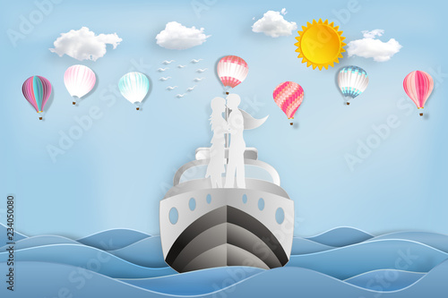 Paper art , cut and digital craft style of the lover in the boat with colorful hot air balloons on sea and sunny in the morning as romantic , married and honeymoon concept. vector illustration