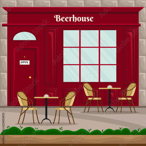 Vector flat illustration of beerhouse facade in retro style with tables and chairs on the street.