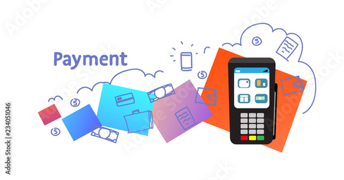electronic money transaction payment terminal concept sketch doodle horizontal isolated flat vector illustration