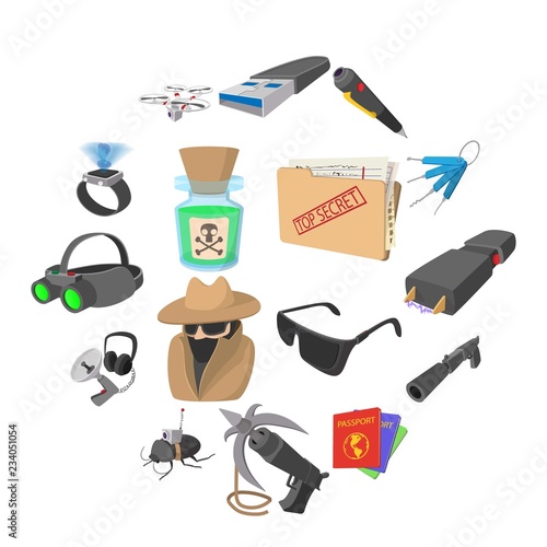 Spy cartoon icons set isolated on white background