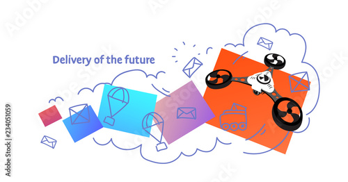 quadcopter flying fast drone delivery of the future concept sketch doodle horizontal isolated flat vector illustration