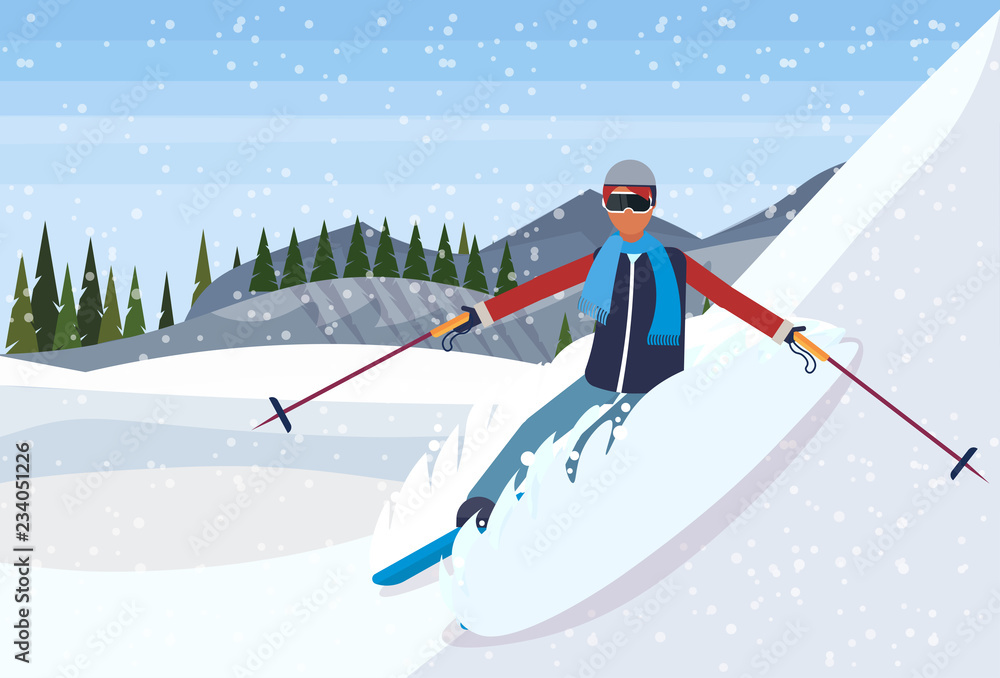 skier man sliding down fresh powder snowy mountain fir tree forest  landscape background guy skiing winter vacation flat horizontal vector  illustration Stock Vector