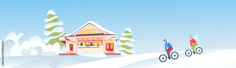 man woman couple cycling winter snowy hills wooden snow cowered cottage happy new year merry christmas holidays celebration concept fir tree flat horizontal banner vector illustration