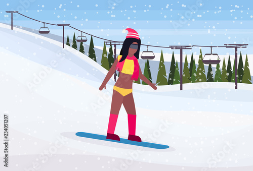 sexy snowboarder woman in swimsuit sliding down winter snowy mountain fir tree forest landscape cable car background ski resort horizontal flat vector illustration