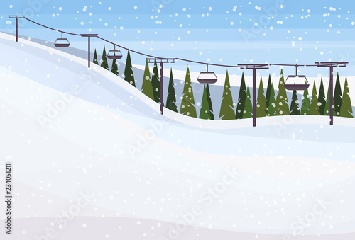 cable car winter snowy mountain hill fir tree forest landscape background ski resort horizontal flat vector illustration