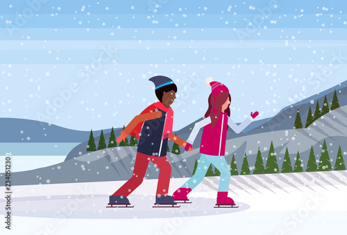 mix race couple skating ice rink winter sport activities snowy mountain fir tree forest landscape background full length profile flat horizontal vector illustration