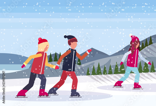 people skating ice rink winter sport activities snowy mountain fir tree forest landscape background full length profile flat horizontal vector illustration