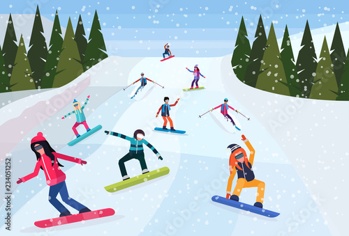 snowboarders sliding down snowy mountain hill fir tree landscape background people snowboarding winter vacation concept flat horizontal vector illustration