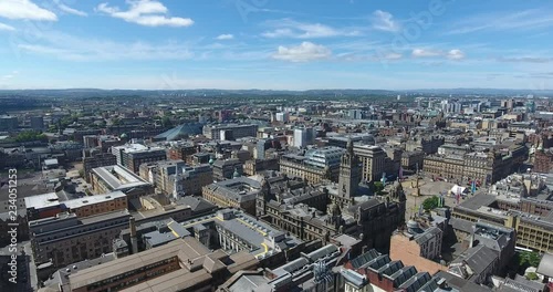 Aerial view of Glasgow from a drone during a sunny day in Scotland